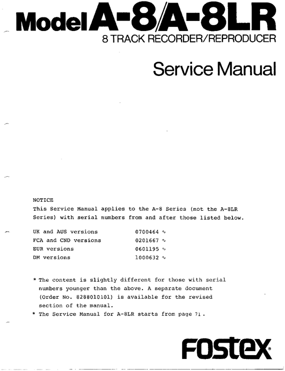 Product picture Fostex A-8 & A-8LR , reel to reel recorder , Service Manual