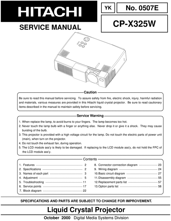 Product picture Hitachi Cp-x 325-W Projector Original Service Manual 
