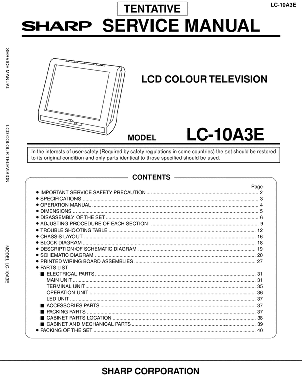 Product picture Sharp LC-10-A3E  lcd tv , Original Service Manual