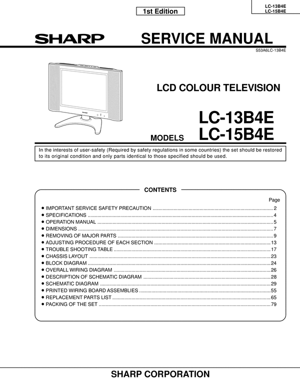 Product picture Sharp LC-13-B4E & LC-15-B4E lcd tv , Original Service Manual