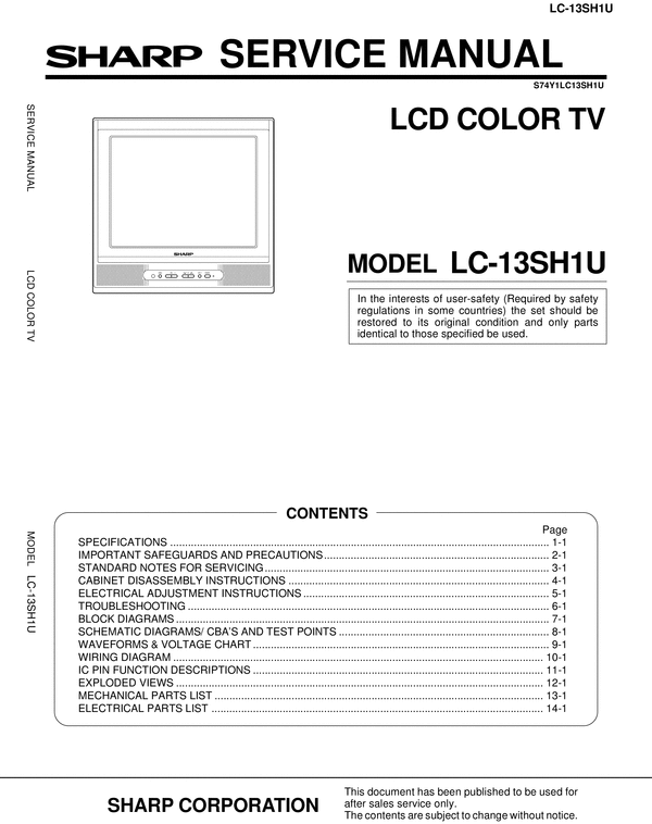Product picture Sharp LC-13-SH1U  lcd tv , Original Service Manual