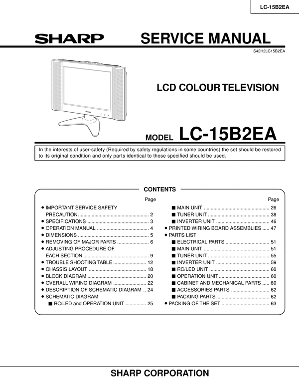 Product picture Sharp LC-15-B2EA  lcd tv , Original Service Manual