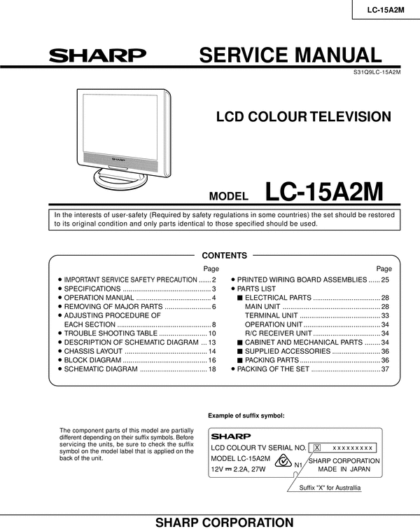 Product picture Sharp LC-15-A2M  lcd tv , Original Service Manual