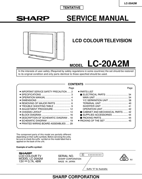 Product picture Sharp LC-20-A2M lcd tv  , Original Service Manual