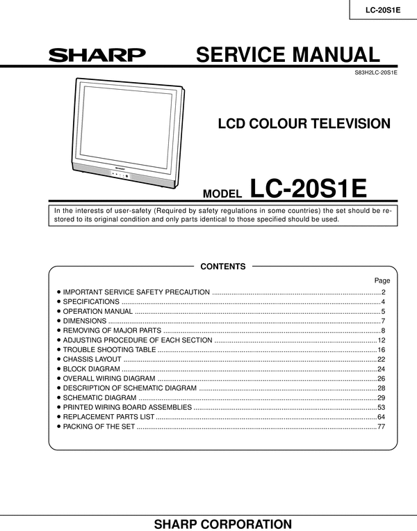 Product picture Sharp LC-20-S1E  lcd tv , Original Service Manual
