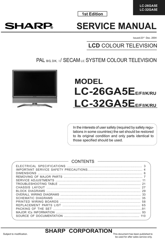 Product picture Sharp LC-26-GA5E & LC-32-GA5E , Original Service Manual