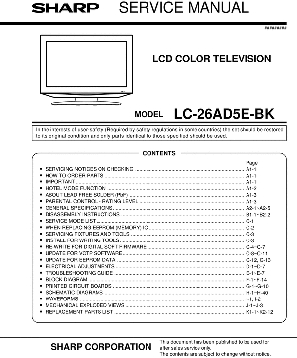Product picture Sharp LC-26-AD5E-BK  lcd tv , Original Service Manual