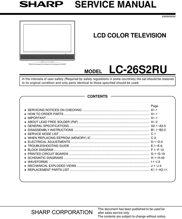 Product picture Sharp LC-26-S2RU lcd tv  , Original Service Manual