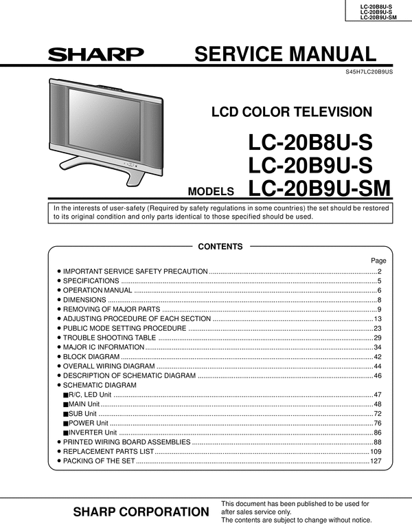 Product picture Sharp LC-20-B8U & LC-20-B9U lcd tv , Original Service Manual