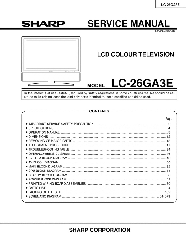 Product picture Sharp LC-26-GA3E  lcd tv , Original Service Manual