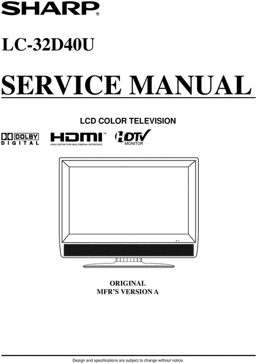 Product picture Sharp LC-32-D40U  lcd tv , Original Service Manual