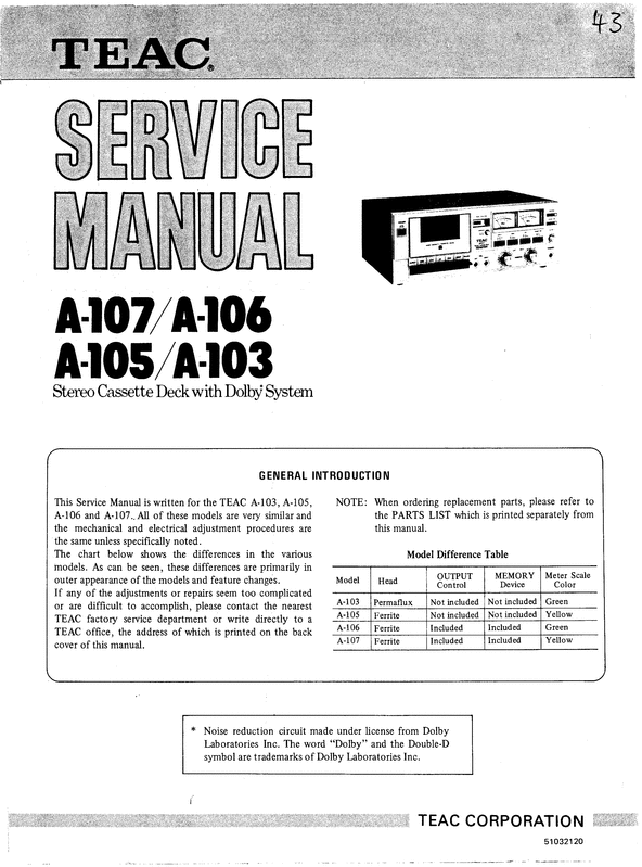 Product picture Teac A-103 , A-105 , A-106 & A-107 Cassette , Service Manual