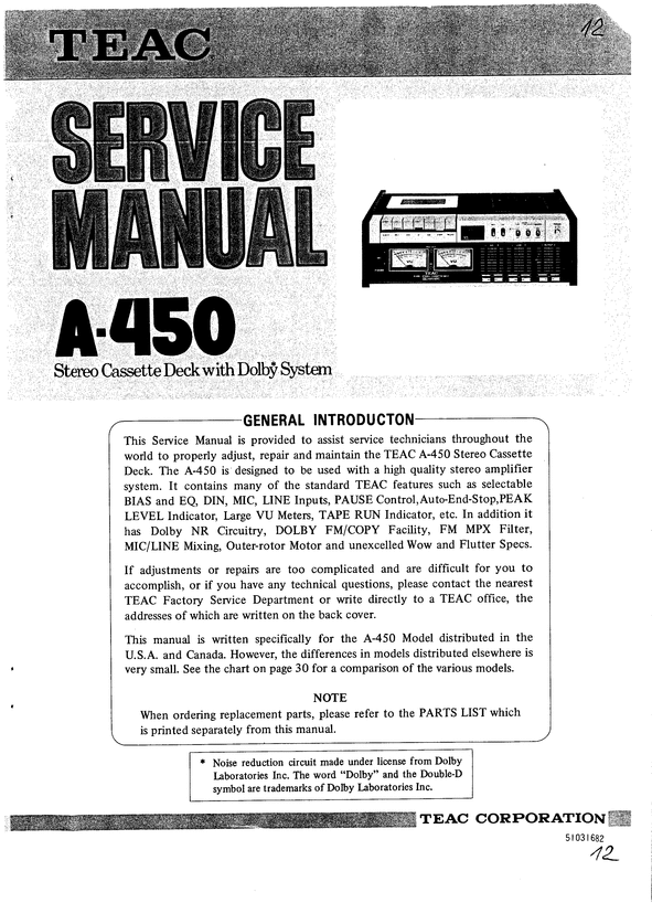 Product picture Teac A-450 Cassette Deck , Service Manual