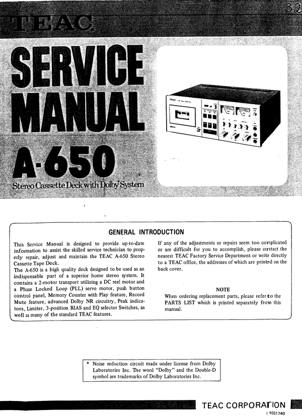 Product picture Teac A-650 Cassette Deck , Service Manual